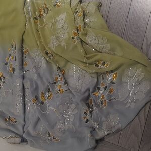 Gorgeous Green & Gray Embroidered Indian Saree - Good Condition